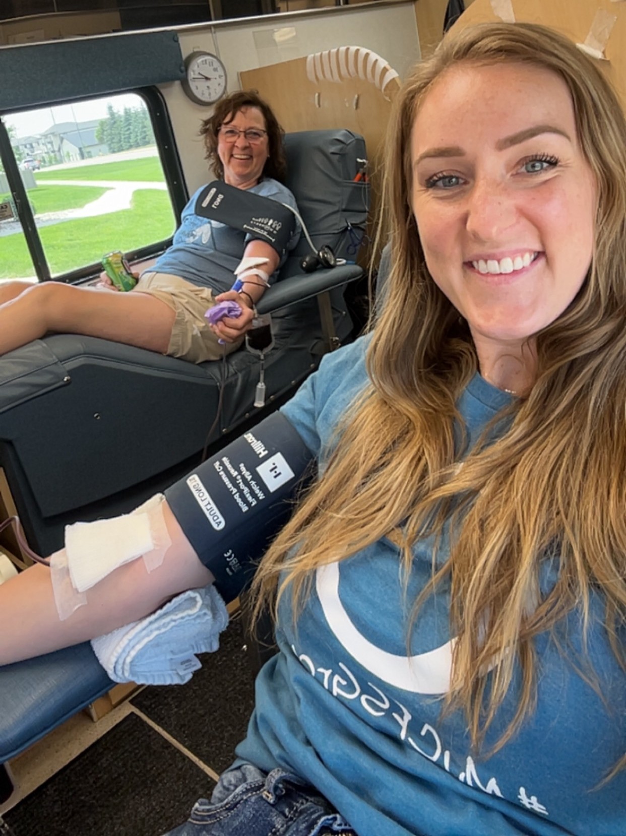 Shelby Bierema and her mom giving blood at Cornerstone's 2025 blood drive